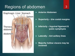 Regions of abdomen
 Anterior Abdomen
 Superiorly – b/w costal margins
 Inferiorly – Inguinal ligament &
pubic symphysis
 Laterally – Ant axillary lines
 Majority hollow viscera may be
involved
3
 