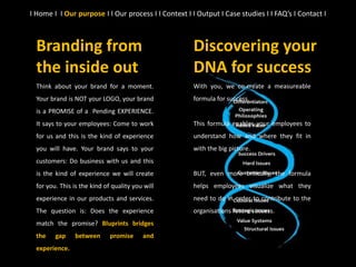 Think about your brand for a moment.
Your brand is NOT your LOGO, your brand
is a PROMISE of a Pending EXPERIENCE.
It says to your employees: Come to work
for us and this is the kind of experience
you will have. Your brand says to your
customers: Do business with us and this
is the kind of experience we will create
for you. This is the kind of quality you will
experience in our products and services.
The question is: Does the experience
match the promise? Bluprints bridges
the gap between promise and
experience.
I Home I I Our purpose I I Our process I I Context I I Output I Case studies I I FAQ’s I Contact I
Discovering your
DNA for success
With you, we co-create a measureable
formula for success.
This formula enables your employees to
understand how and where they fit in
with the big picture.
BUT, even more critically, the formula
helps employees visualize what they
need to do in order to contribute to the
organisations future success.
Branding from
the inside out
 