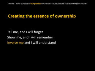 Tell me, and I will forget
Show me, and I will remember
Involve me and I will understand
Creating the essence of ownership
I Home I I Our purpose I I Our process I I Context I I Output I Case studies I I FAQ’s I Contact I
 