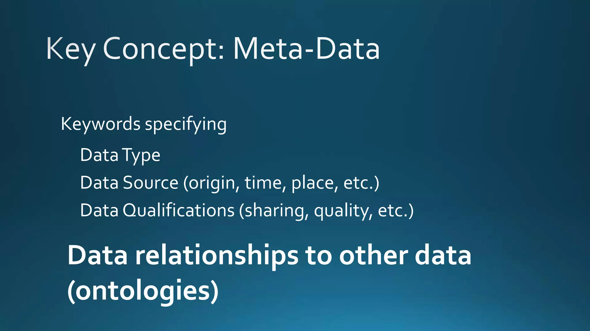 Keywords specifying
DataType
Data Source (origin, time, place, etc.)
Data Qualifications (sharing, quality, etc.)
Data relationships to other data
(ontologies)
 
