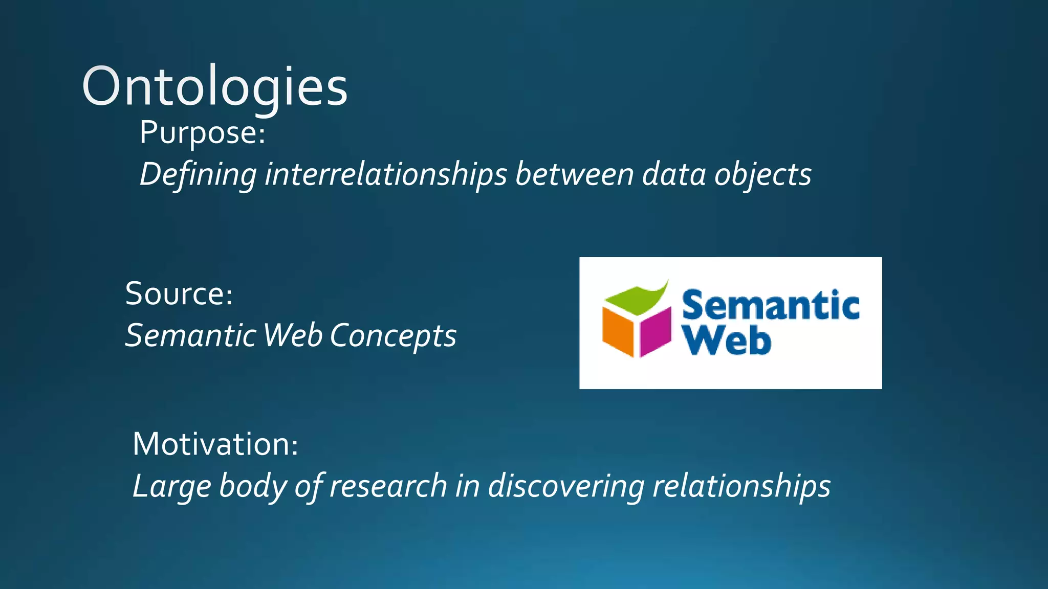 Purpose:
Defining interrelationships between data objects
Source:
SemanticWeb Concepts
Motivation:
Large body of research in discovering relationships
 