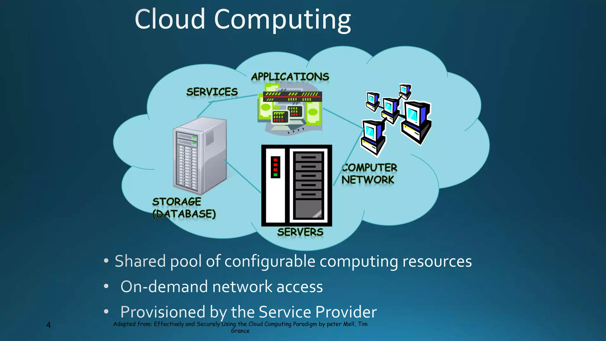 4 Adopted from: Effectively and Securely Using the Cloud Computing Paradigm by peter Mell, Tim
Grance
 