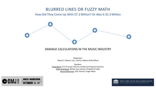 BLURRED	LINES	OR	FUZZY	MATH
How	Did	They	Come	Up	With	$7.3	Million?	Or	Was	It	$5.3	Million
DAMAGE	CALCULATIONS	IN	THE	MUSIC	INDUSTRY
Moderator:
Robert	S.	Meloni,	Esq.,	Partner,	Meloni &	McCaffrey
Speakers:	
Doug	Bania,	CLP,	Principal,	Nevium Intellectual	Property	Solutions
Matt	Greenberg,	Ritholz Levy	Sanders	Chidekel &	Fields
Bruce	Kolbrenner,	CPA,	Partner,	Prager Metis
 