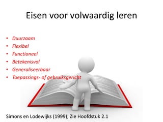 Eisen voor volwaardig leren

•   Duurzaam
•   Flexibel
•   Functioneel
•   Betekenisvol
•   Generaliseerbaar
•   Toepassings- of gebruiksgericht




Simons en Lodewijks (1999); Zie Hoofdstuk 2.1
 