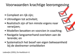 Voorwaarden krachtige leeromgeving

  • Compleet en rijk zijn;
  • Uitnodigen tot activiteit;
  • Realistisch zijn of ten minste ergens naar
    verwijzen;
  • Modellen bevatten en voorzien in coaching;
  • Navigatie langzamerhand overlaten aan de
    lerende; en
  • Systematisch het besef van eigen bekwaamheid
    bij de deelnemer ontwikkelen

Lodewijks (1993); Zie Hoofdstuk 4.1
 