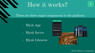 How it works?
Davide Meacci, La Sapienza
- Blynk App
- Blynk Server
- Blynk Libraries
There are three major components in the platform:
 