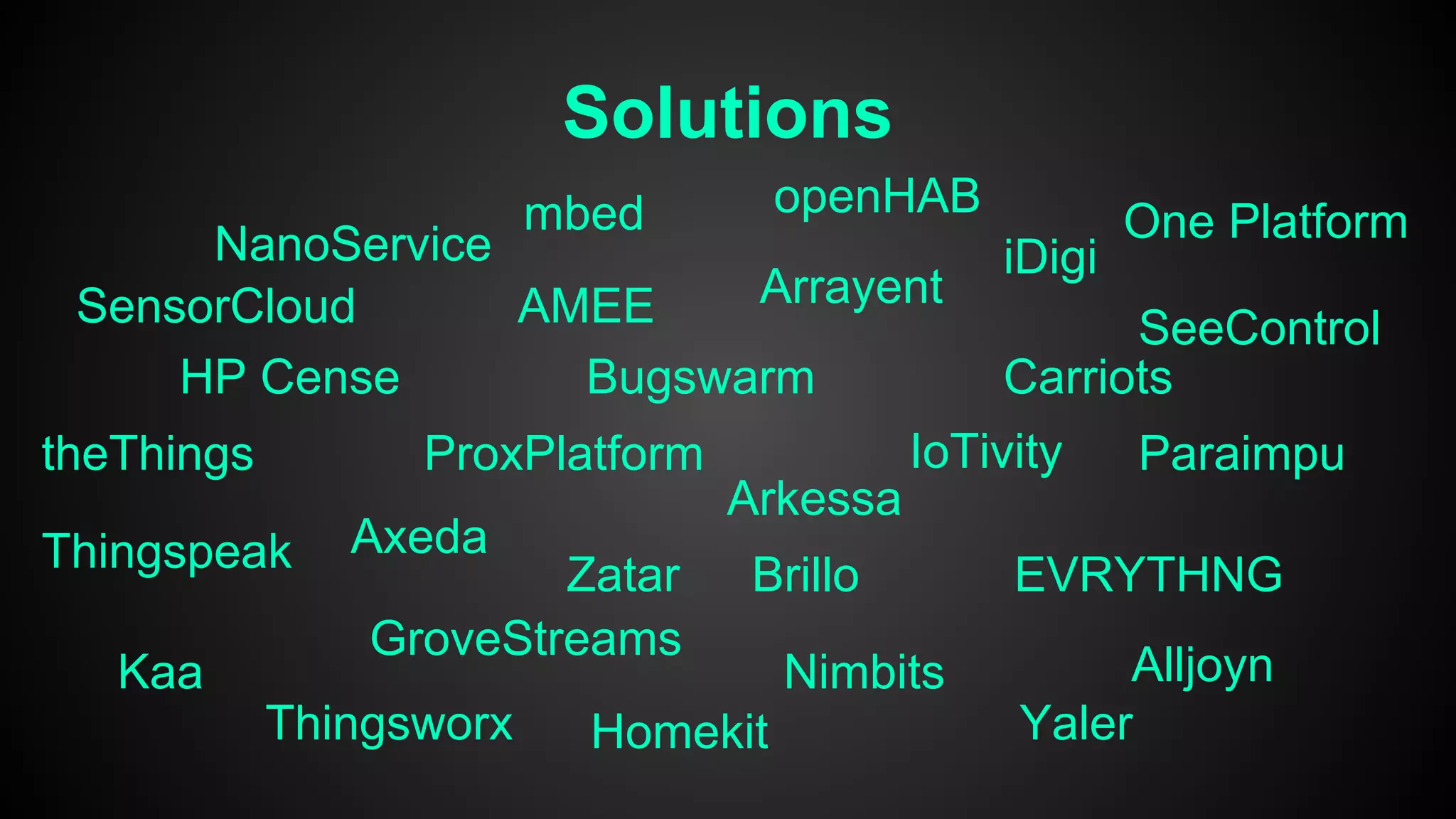 Solutions
AMEE
Arkessa
Arrayent
Axeda
Bugswarm Carriots
EVRYTHNG
GroveStreams
HP Cense
iDigi
Kaa Nimbits
NanoService One Platform
ParaimpuProxPlatform
SeeControlSensorCloud
Thingspeak
Thingsworx Yaler
Zatar
mbed openHAB
theThings
Homekit
Brillo
IoTivity
Alljoyn
 