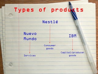 Types of products
             Nestlé

  Nuevo
                             IBM
  Mundo
             Consumer
               goods
                        Capital/producer
  Services                    goods
 