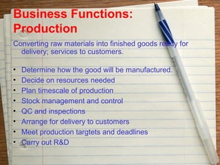 Business Functions:
Production
Converting raw materials into finished goods ready for
  delivery; services to customers.

•   Determine how the good will be manufactured.
•   Decide on resources needed
•   Plan timescale of production
•   Stock management and control
•   QC and inspections
•   Arrange for delivery to customers
•   Meet production targtets and deadlines
•   Carry out R&D
 