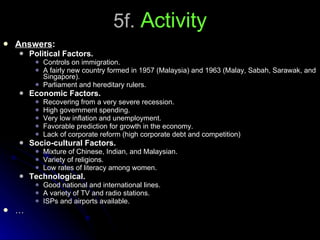 5f.  Activity Answers : Political Factors. Controls on immigration. A fairly new country formed in 1957 (Malaysia) and 1963 (Malay, Sabah, Sarawak, and Singapore). Parliament and hereditary rulers. Economic Factors. Recovering from a very severe recession. High government spending. Very low inflation and unemployment. Favorable prediction for growth in the economy. Lack of corporate reform (high corporate debt and competition) Socio-cultural Factors. Mixture of Chinese, Indian, and Malaysian. Variety of religions. Low rates of literacy among women. Technological. Good national and international lines. A variety of TV and radio stations. ISPs and airports available. … 
