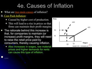 4e. Causes of Inflation What are  two main causes  of inflation? B.  Cost Push Inflation : Caused by higher cost of production. This will lead to a rise in prices so that firms can maintain their profit margins. The rationale behind this increase is that, for companies to maintain (or increase) profit margins, they will need to raise the retail price paid by consumers, thereby causing inflation. Also increases in wages, raw material prices and higher demands for rents can cause this type of inflation.    … 