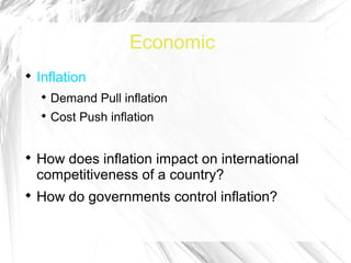 Economic

    Inflation
    
        Demand Pull inflation
    
        Cost Push inflation



    How does inflation impact on international
    competitiveness of a country?

    How do governments control inflation?
 