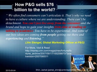 How P&G sells $76
billion to the world?
“ We often find consumers can’t articulate it. That’s why we need
to have a culture where we are understanding. There can’t be
detachment. You can’t just live away from the consumer and the
brand and hope to gain your insights from data or reading or
talking to academics. You have to be experiential. And some of
our best ideas are coming from people getting out there and
experiencing and listening.”
(Jim Stengel, Global Marketing Officer at P&G)
2015-05-04 Shim, Jaehak (jaehak_shim@cambridgejbs.net) 10
For More, Visit & Read
http://money.cnn.com/magazines/fortune/fo
rtune_archive/2007/09/17/100258870/?pos
tversion=2007090511
 