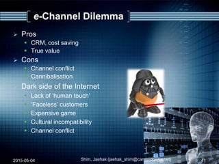 e-Channel Dilemma
 Pros
 CRM, cost saving
 True value
 Cons
 Channel conflict
 Cannibalisation
 Dark side of the Internet
 Lack of „human touch‟
 „Faceless‟ customers
 Expensive game
 Cultural incompatibility
 Channel conflict
2015-05-04 41Shim, Jaehak (jaehak_shim@cambridgejbs.net)
 