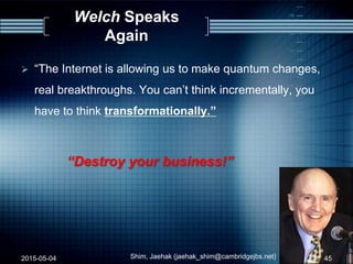 Welch Speaks
Again
 “The Internet is allowing us to make quantum changes,
real breakthroughs. You can‟t think incrementally, you
have to think transformationally.”
“Destroy your business!”
2015-05-04 45Shim, Jaehak (jaehak_shim@cambridgejbs.net)
 