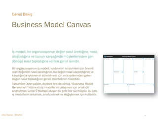 Genel Bakış 
Business Model Canvas 
İş modeli, bir organizasyonun değeri nasıl ürettiğine, nasıl 
ulaştırdığına ve bunun karşılığında müşterilerinden geri 
dönüşü nasıl topladığına verilen genel isimdir. 
Bir organizasyonun iş modeli, işletmenin müşterileri için önemli 
olan değerleri nasıl yarattığının, bu değeri nasıl ulaştırdığının ve 
karşılığında işletmenin sürebilmesi için müşterilerinden gelen 
değeri nasıl topladığının genel, mantıklı bir modelidir. 
Alexander Osterwalder, doctora tezi de olmuş “Business Model 
Generation” kitabında iş modellerini tartışmak için ortak dil 
oluşturmak üzere 9 bloktan oluşan bir çatı öne sürmüştür. Bu çatı, 
iş modellerini anlamak, analiz etmek ve değiştirmek için kullanılır. 
Utku Kaynar - BiKahve ‹#› 
 