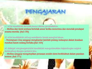 1 ) Kita hendaklah bertolak ansur dalam persahabatan
- Mellisa dan farid sentiasa bertolak ansur ketika menerima dan menolak pendapat
sesama mereka. (hal.156)
2) Kita hendakalah saling membantu tanpa mengira kaum.
- Perempuan Cina sanggup menghantar Jamilah pulang walaupun dalam keadaan
rusuhan kaum sedang berlaku.(hal 163)
3) Sebagai warganegara,kita hendaklah mengutamakan kepentingan negara
berbanding dengan perkara lain.
- Mellisa sanggup mengetepikan perasaan sendiri demi berkhidmat dalam pasukan
tentera. (hal.171)
 