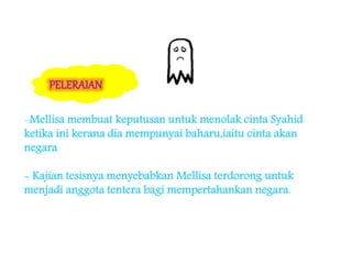 -Mellisa membuat keputusan untuk menolak cinta Syahid
ketika ini kerana dia mempunyai baharu,iaitu cinta akan
negara
- Kajian tesisnya menyebabkan Mellisa terdorong untuk
menjadi anggota tentera bagi mempertahankan negara.
 