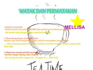 MELLISA1 ) Jatuh hati pada Syahid
-Mellisa jatuh hati pada Syahid ketika pertemuan pertemuan pertama
Dia mulai suka dengan anak muda ini (hal.165)
2 ) Menyambung pelajaran di peringkat sarjana
Mellisa dan Farid berganding bahu untuk menyiapkan tesis sarjana.
…..dan sekarang waktu dia akan membuat masters menjadi kawan yang akrab
(hal.156)
3 ) Mempunyai semangat patriotik yang tinggi
Mellisa sangat sayang akan negara
Dia sayang kepada negara ini….bangga ini….. (hal.173)
 