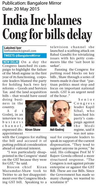 Bangalore Mirror - India Inc blames Cong for bills delay 