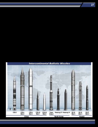 27
considered. Russia has stated that it will soon begin testing a developmental, heavy, liquid-propellant ICBM called the Sarmat to
replace the aging SS-18. Russia’s goal is to begin Sarmat deployment in the 2020 timeframe.
China is strengthening its strategic nuclear deterrent force with the development and deployment of new ICBMs. China retains a
relatively small number of nuclear armed, liquid-propellant CSS-3 (DF-4) limited range ICBMs and CSS-4 (DF-5) ICBMs capable of
reaching the United States. China first displayed the CSS-4 Mod 3 (DF-5B) ICBM, with a claimed MIRV payload in 2015. It is also
modernizing its nuclear forces by adding more survivable, road-mobile delivery systems. Both the road-mobile, solid-propellant CSS-10
Mod 1 and the longer range CSS-10 Mod 2 ICBMs have been deployed to units within the PLA Rocket Force. The CSS-10 Mod 1 is
capable of reaching targets throughout Europe, Asia, and parts of Canada and the northwestern United States. The longer range CSS-
10 Mod 2 will allow targeting of most of the continental United States. China is developing the CSS-X-20 (DF-41), a new road-mobile
ICBM possibly capable of carrying a MIRV payload. The number of warheads on Chinese ICBMs capable of threatening the United
States is expected to grow to well over 100 in the next 5 years.
The North Korean TD-2 has been launched as a space launch vehicle (SLV). If configured as an ICBM, it could reach the United
States. TD-2 SLV launches in July 2006, April 2009, and April 2012 ended in failure, but December 2012 and February 2016 launches
successfully placed a satellite in orbit. In an April 2012 military parade, North Korea unveiled the new Hwasong-13 road-mobile ICBM
and in an October 2015 parade displayed the new Hwasong-14 road-mobile ICBM. Neither missile has been flight tested. Any of
these systems could be exported to other countries in the future. During an April 2017 parade, North Korea showcased a modified
Hwasong-13 ICBM launcher with a launch canister, as well as a new mobile-erector-launcher with a launch canister. Road-mobile
launch canisters are typically associated with solid-propellant missiles. Actual missiles for the launch canisters were not displayed.
Tehran’s desire to have a strategic counter to the United States could drive it to field an ICBM. Progress in Iran’s space program could
shorten a pathway to an ICBM because space launch vehicles use inherently similar technologies. Since 2008, Iran has conducted
multiple successful launches of the two-stage Safir SLV. In early 2010, Iran unveiled the larger Simorgh SLV.
India’s Agni VI ICBM is reportedly in the design phase with a range of 6,000 km.
 