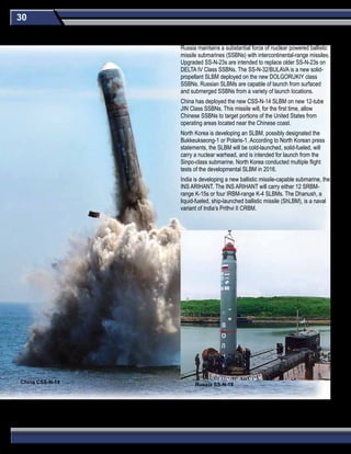 30
Russia maintains a substantial force of nuclear powered ballistic
missile submarines (SSBNs) with intercontinental-range missiles.
Upgraded SS-N-23s are intended to replace older SS-N-23s on
DELTA IV Class SSBNs. The SS-N-32/BULAVA is a new solid-
propellant SLBM deployed on the new DOLGORUKIY class
SSBNs. Russian SLBMs are capable of launch from surfaced
and submerged SSBNs from a variety of launch locations.
China has deployed the new CSS-N-14 SLBM on new 12-tube
JIN Class SSBNs. This missile will, for the first time, allow
Chinese SSBNs to target portions of the United States from
operating areas located near the Chinese coast.
North Korea is developing an SLBM, possibly designated the
Bukkeukseong-1 or Polaris-1. According to North Korean press
statements, the SLBM will be cold-launched, solid-fueled, will
carry a nuclear warhead, and is intended for launch from the
Sinpo-class submarine. North Korea conducted multiple flight
tests of the developmental SLBM in 2016.
India is developing a new ballistic missile-capable submarine, the
INS ARIHANT. The INS ARIHANT will carry either 12 SRBM-
range K-15s or four IRBM-range K-4 SLBMs. The Dhanush, a
liquid-fueled, ship-launched ballistic missile (ShLBM), is a naval
variant of India’s Prithvi II CRBM.
China CSS-N-14 Russia SS-N-18
Submarine-Launched (SLBM) & Ship-Launched Ballistic Missiles (ShLBM)
 