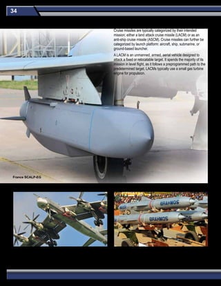 34
Cruise missiles are typically categorized by their intended
mission; either a land attack cruise missile (LACM) or as an
anti-ship cruise missile (ASCM). Cruise missiles can further be
categorized by launch platform: aircraft, ship, submarine, or
ground-based launcher.
A LACM is an unmanned, armed, aerial vehicle designed to
attack a fixed or relocatable target. It spends the majority of its
mission in level flight, as it follows a preprogrammed path to the
predetermined target. LACMs typically use a small gas turbine
engine for propulsion.
Russia Kh-101 India Brahmos
France SCALP-EG
Land-Attack Cruise Missiles (LACM)
 