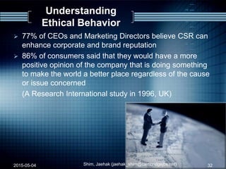 Understanding
Ethical Behavior
 77% of CEOs and Marketing Directors believe CSR can
enhance corporate and brand reputation
 86% of consumers said that they would have a more
positive opinion of the company that is doing something
to make the world a better place regardless of the cause
or issue concerned
 (A Research International study in 1996, UK)
2015-05-04 Shim, Jaehak (jaehak_shim@cambridgejbs.net) 32
 