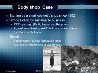 Body shop Case
 Starting as a small cosmetic shop since 1992
 Strong Policy for sustainable business
 RRR campaign (Refill, Reuse, and Recycle )
 Against animal testing (AAT) but botany raw material
 Fair Community Trade
 Result
 Top ranked in „Ethical Reputation Index‟
 Average 9% growth rate in last 10 years
2015-05-04 Shim, Jaehak (jaehak_shim@cambridgejbs.net) 37
 