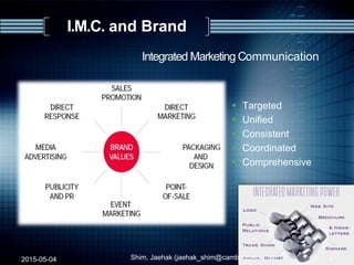 I.M.C. and Brand
2015-05-04 Shim, Jaehak (jaehak_shim@cambridgejbs.net)
Integrated Marketing Communication
 Targeted
 Unified
 Consistent
 Coordinated
 Comprehensive
4
 