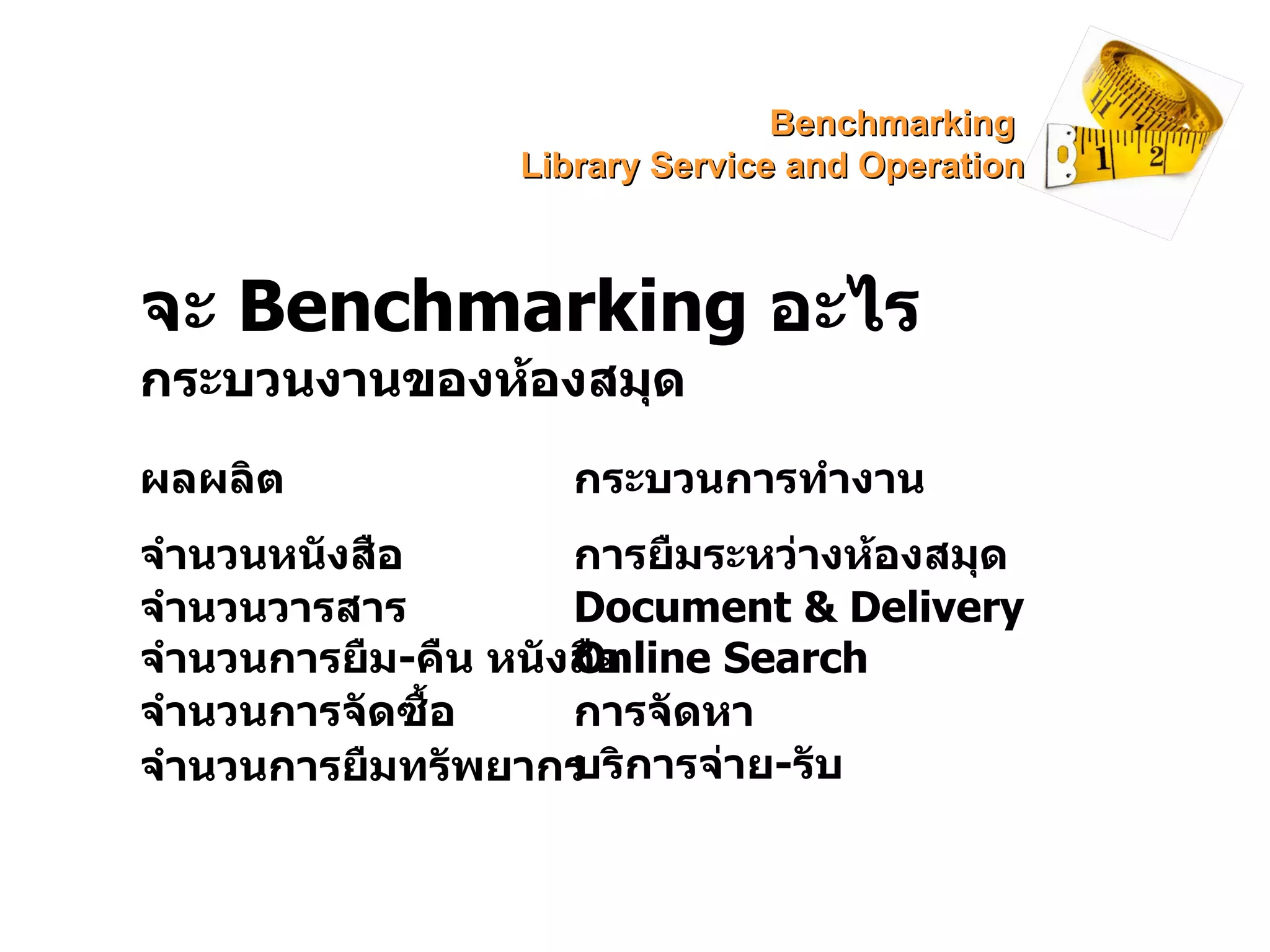 การยืมระหว่างห้องสมุด จำนวนหนังสือ ผลผลิต กระบวนการทำงาน จำนวนวารสาร Document & Delivery จำนวนการยืม - คืน หนังสือ Online Search จำนวนการจัดซื้อ การจัดหา จำนวนการยืมทรัพยากร บริการจ่าย - รับ จะ  Benchmarking  อะไร กระบวนงานของห้องสมุด Benchmarking  Library Service and Operation 