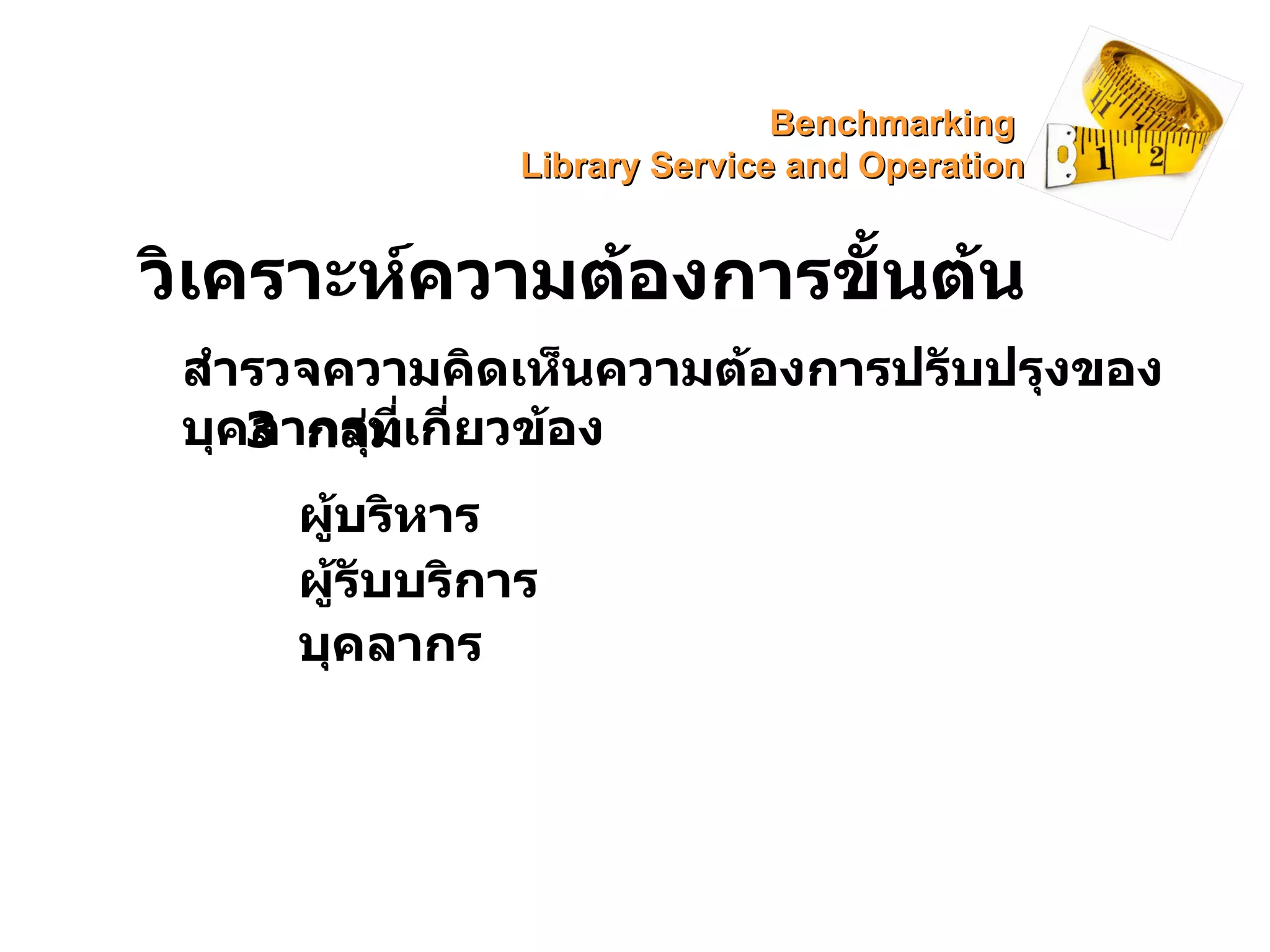 วิเคราะห์ความต้องการขั้นต้น สำรวจความคิดเห็นความต้องการปรับปรุงของบุคลากรที่เกี่ยวข้อง 3  กลุ่ม ผู้บริหาร ผู้รับบริการ บุคลากร Benchmarking  Library Service and Operation 
