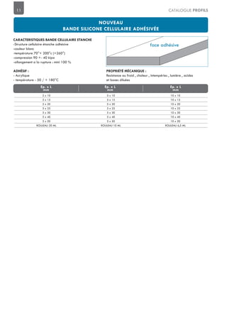 11 CATALOGUE PROFILS
3 x 10 5 x 10 10 x 10
3 x 15 5 x 15 10 x 15
3 x 20 5 x 20 10 x 20
3 x 25 5 x 25 10 x 25
3 x 30 5 x 30 10 x 30
3 x 40 5 x 40 10 x 40
3 x 50 5 x 50 10 x 50
ROULEAU 20 ML ROULEAU 10 ML ROULEAU 6,5 ML
mm mm mm
-Structure cellulaire étanche adhésive
-couleur blanc
-température 70°+ 200°c (+260°)
-allongement a la rupture : mini 100 %
- Acrylique
- température - 50 / + 180°C
Resistance au froid , chaleur , intempéries , lumière , acides
et bases diluées
face adhésive
 