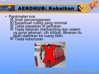 AEROHUB: Kebaikan
• Penjimatan kos
   jimat penyenggaraan
   Keperluan ruang yang minimal
   Tiada pepaipan di perlukan
   Tiada tekanan (berbanding dgn sistem
    yg guna tekanan, cth 600psi, tekanan itu
    akan dialihkan ke ruang bilik)
   Tiada kebocoran




                               Designed by
                                                     20
                      HUB TECHNOLOGIES (M) SDN BHD
 