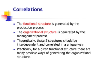 Correlations 
The functional structureis generated by the production process 
The organizational structureis generated by the management process 
Theoretically, these 2 structures should be interdependent and correlated in a unique way 
Practically, for a given functional structure there are many possible ways of generating the organizational structure  