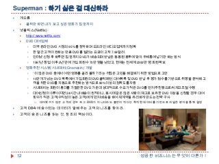 Superman : 하기 싫은 걸 대신하라


게으름




클릭만 하면 내가 보고 싶은 영화가 집 앞까지

넷플릭스(Netflix)


http:// www.netflix.com/



DVD 대여업체



한 달간 고객이 원하는 만큼 DVD를 빌리는 요금이 고작 7.99달러



인터넷 신청 후 하루면 집 앞까지 DVD가 배송되며 반납은 동봉된 봉투에 담아 우체통에 넣기만 하는 방식





미국 온라인 DVD 시장의 95%를 장악하며 오프라인 비디오업계까지 정복

1997년 창업 이후 2년 만에 가입 회원수 70만 명을 넘었고, 현재는 전세계 2300만 명 회원 확보

영화추천 시스템 „시네매치(Cinematch)‟ 개발


„ 이 많은 DVD 중에서 어떤 영화를 골라 볼까 ?‟라는 귀찮은 고민을 해결하기 위한 방법으로 고안



10만개가 넘는 DVD 목록에서 가입회원의 DVD클릭패턴, 대여목록 및 DVD 반납 후 평가 점수를 기반으로 취향을 분석해 고
객을 위한 DVD를 자동으로 추천하는 방식으로 80%이상의 정확도를 자랑



시네매치는 회원이 흥미를 가질만한 DVD 가운데 상대적으로 수요가 적은 DVD를 먼저 추천함으로써 재고조절 수행



대여신청이 이루어지면 24시간내 배송이 원칙이나, 동시에 같은 많은 사람이 재고로 보유한 DVD 이상을 신청할 경우 대여
횟수가 적은 고객(수익성이 높은 고객)에게 먼저 배송을 하여 재계약을 유리하게 만드는 전략 구사


대여횟수가 많은 고객의 경우 꼭 그 DVD가 아니더라도 불만이 적다는 축적된 데이터를 기반으로 치밀한 분석을 통해 결정



고객 DB속에 숨어있는 데이터가 말해주는 고객의 니즈를 찾아라.



고객의 숨은 니즈를 읽는 것, 창조의 핵심이다.

12

성공한 비즈니스는 무엇이 다른가 !

 