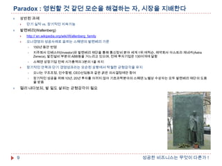 Paradox : 영원할 것 같던 모순을 해결하는 자, 시장을 지배한다
상반된 과제





단기 실적 vs. 장기적인 지속가능

발렌베리(Wallenberg)





http:// en.wikipedia.org/wiki/Wallenberg_family



오너경영의 성공사례로 꼽히는 스웨덴의 발렌베리 가문



지주회사 인베스터(Investor)와 발렌베리 재단을 통해 통신장비 분야 세계 1위 에릭슨, 제약회사 아스트라 제네카(Astra
Zeneca), 발전설비 부분의 ABB등을 거느리고 있으며, 전체 투자기업은 130여개에 달함





150년 동안 번영

스웨덴 상장기업 전체 시가총액의 3분의 1을 차지

장기적인 안목과 단기 경영성과라는 모순된 상황에서 탁월한 균형감각을 유지


오너는 구조조정, 인수합병, CEO선임등과 같은 굵은 의사결정에만 참여



장기적인 성공을 위해 10년, 20년 투자를 아끼지 않아 기초과학분야의 스웨덴 노벨상 수상자는 모두 발렌베리 재단의 도움
을 받음

멀리 내다보되, 발 밑도 살피는 균형감각이 필요



9

성공한 비즈니스는 무엇이 다른가 !

 