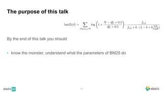 By the end of this talk you should
• know the monster, understand what the parameters of BM25 do
11
The purpose of this talk
 
