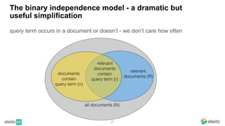 query term occurs in a document or doesn’t - we don’t care how often
37
The binary independence model - a dramatic but
useful simplification
relevant
documents (R)
relevant
documents
contain
query term (r)
documents
contain
query term (n)
all documents (N)
 