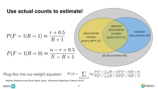 38
Use actual counts to estimate!
Plug this into our weight equation
relevant
documents (R)
relevant
documents
contain
query term (r)
documents
contain
query term (n)
all documents (N)
Stephen Robertson and Karen Spark Jones, Relevance Weighting of Search Terms
 