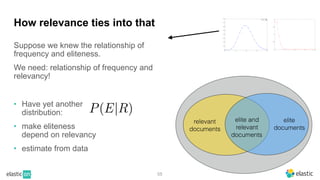 Suppose we knew the relationship of
frequency and eliteness.
We need: relationship of frequency and
relevancy!
• Have yet another
distribution:
• make eliteness
depend on relevancy
• estimate from data
55
How relevance ties into that
elite
documents
elite and
relevant
documents
relevant
documents
 