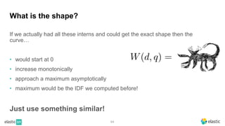64
What is the shape?
If we actually had all these interns and could get the exact shape then the
curve…
• would start at 0
• increase monotonically
• approach a maximum asymptotically
• maximum would be the IDF we computed before!
Just use something similar!
 