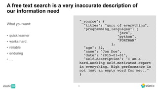 9
A free text search is a very inaccurate description of
our information need
What you want:
• quick learner
• works hard
• reliable
• enduring
• …
"_source": {
"titles": "guru of everything",
"programming_languages": [
"java",
"python",
"FORTRAN"
],
"age": 32,
"name": "Jon Doe",
"date": "2015-01-01",
"self-description": "I am a
hard-working self-motivated expert
in everything. High performance is
not just an empty word for me..."
}
 