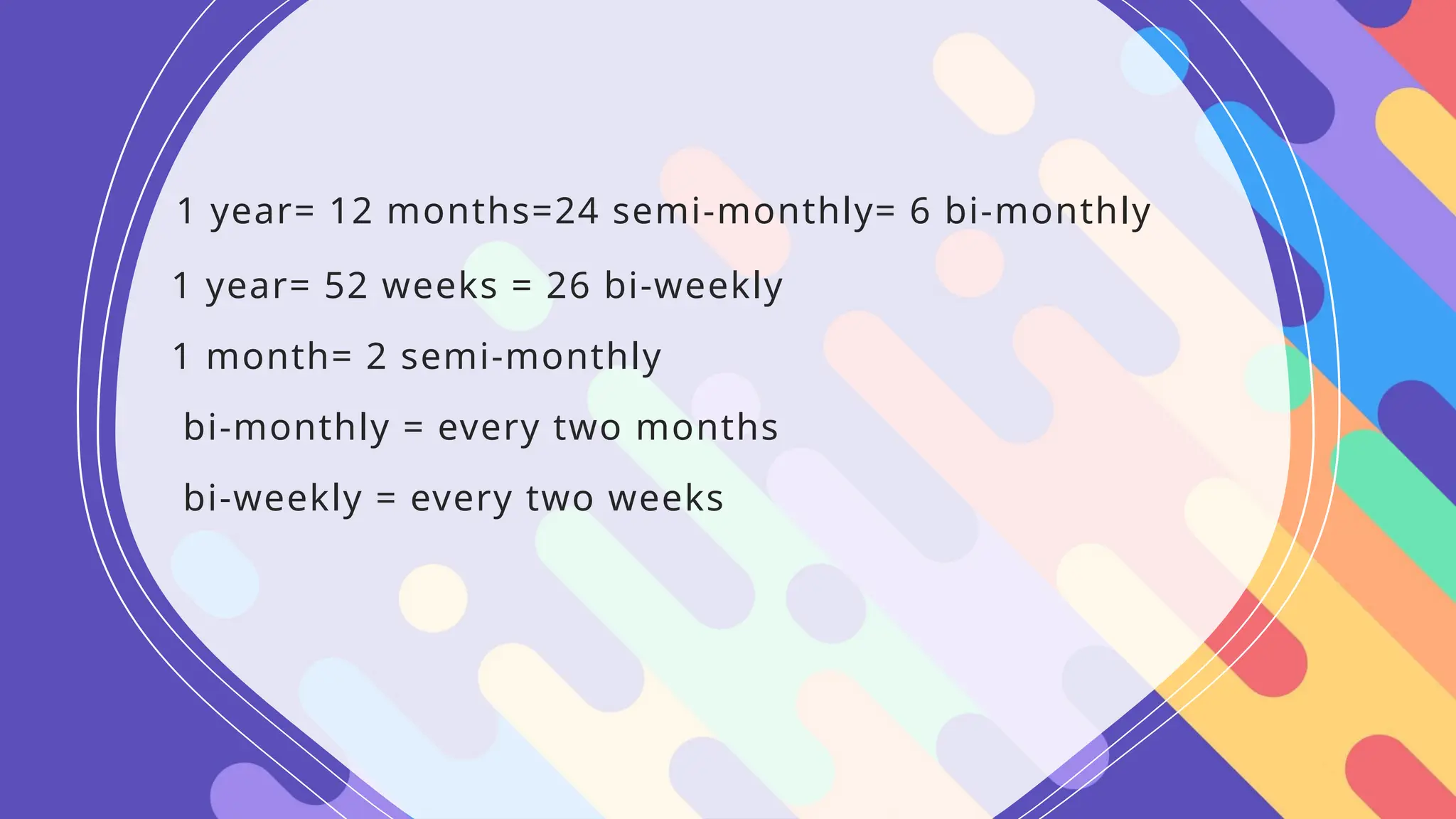 1 year= 12 months=24 semi-monthly= 6 bi-monthly
1 year= 52 weeks = 26 bi-weekly
1 month= 2 semi-monthly
bi-monthly = every two months
bi-weekly = every two weeks
 