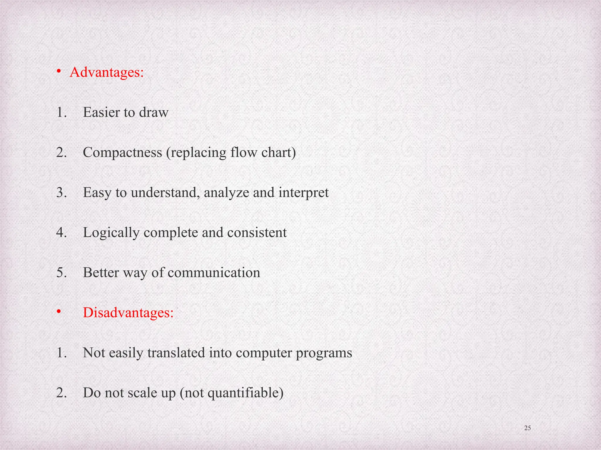 • Advantages:
1. Easier to draw
2. Compactness (replacing flow chart)
3. Easy to understand, analyze and interpret
4. Logically complete and consistent
5. Better way of communication
• Disadvantages:
1. Not easily translated into computer programs
2. Do not scale up (not quantifiable)
25
 