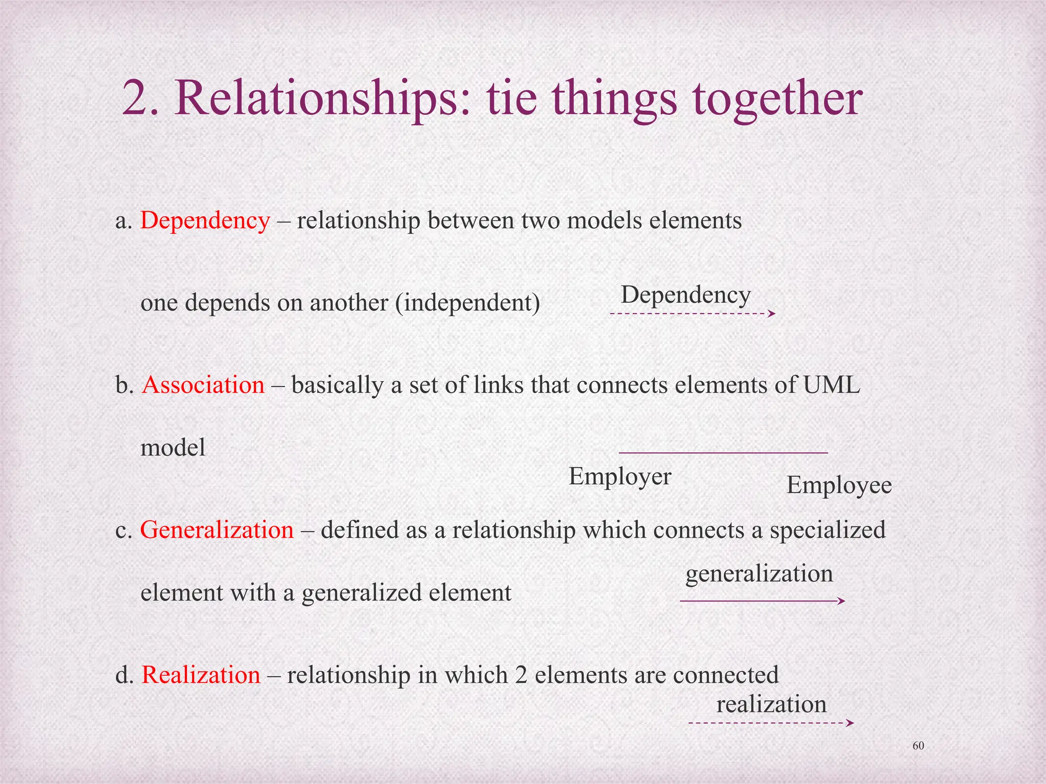 2. Relationships: tie things together
a. Dependency – relationship between two models elements
one depends on another (independent)
b. Association – basically a set of links that connects elements of UML
model
c. Generalization – defined as a relationship which connects a specialized
element with a generalized element
d. Realization – relationship in which 2 elements are connected
60
realization
Dependency
Employer Employee
generalization
 