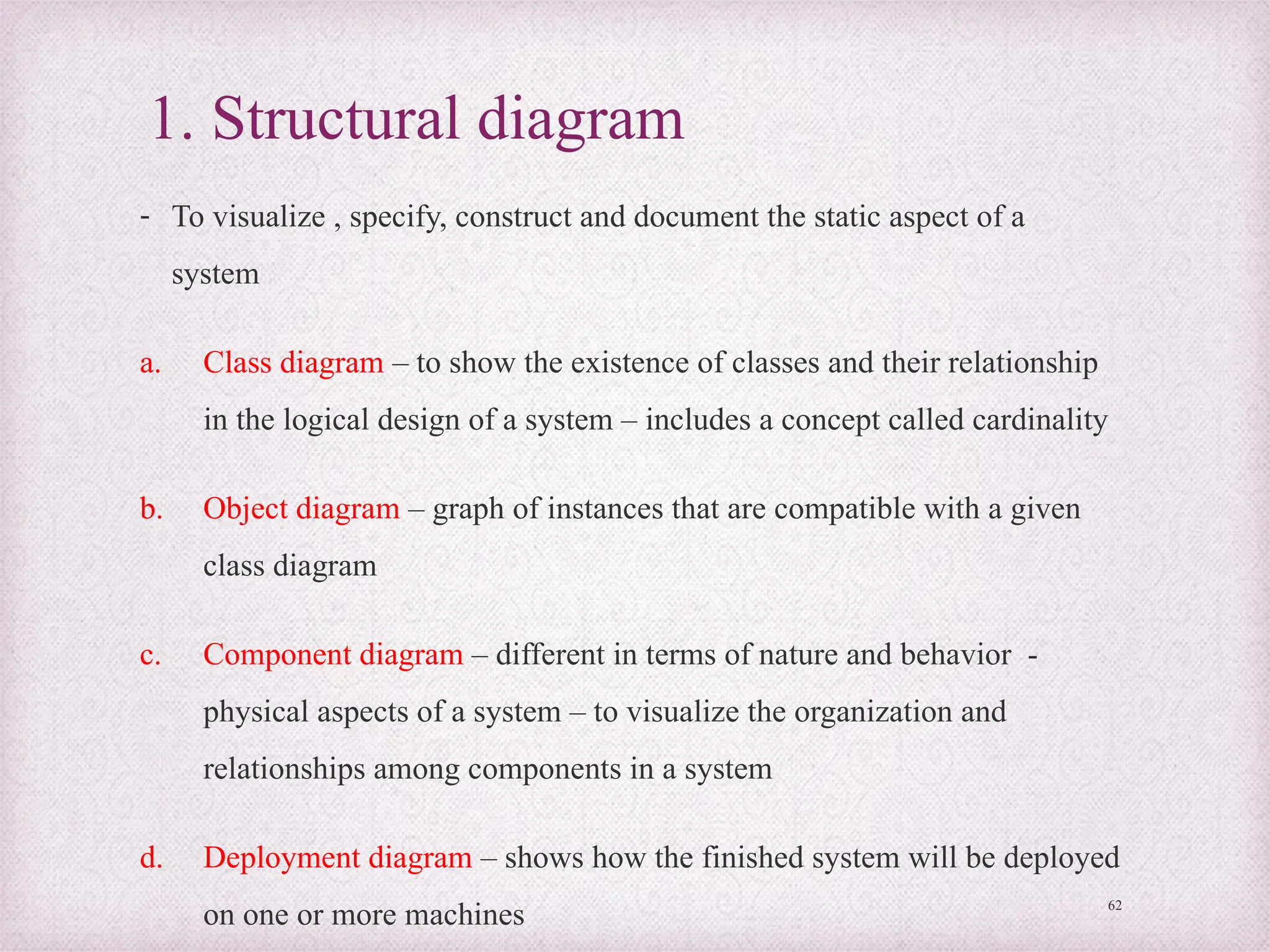1. Structural diagram
- To visualize , specify, construct and document the static aspect of a
system
a. Class diagram – to show the existence of classes and their relationship
in the logical design of a system – includes a concept called cardinality
b. Object diagram – graph of instances that are compatible with a given
class diagram
c. Component diagram – different in terms of nature and behavior -
physical aspects of a system – to visualize the organization and
relationships among components in a system
d. Deployment diagram – shows how the finished system will be deployed
on one or more machines 62
 