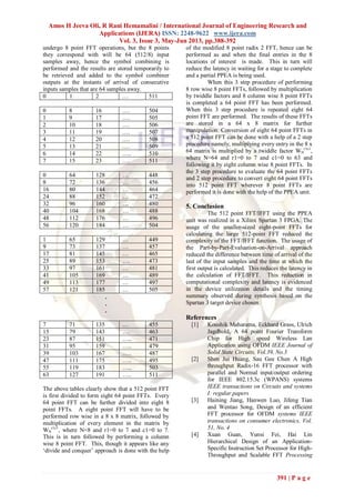 Amos H Jeeva Oli, R Rani Hemamalini / International Journal of Engineering Research and
Applications (IJERA) ISSN: 2248-9622 www.ijera.com
Vol. 3, Issue 3, May-Jun 2013, pp.388-392
391 | P a g e
undergo 8 point FFT operations, but the 8 points
they correspond with will be 64 (512/8) input
samples away, hence the symbol combining is
performed and the results are stored temporarily to
be retrieved and added to the symbol combiner
outputs at the instants of arrival of consecutive
inputs samples that are 64 samples away.
0 1 2 … 511
0 8 16 …. 504
1 9 17 …. 505
2 10 18 …. 506
3 11 19 …. 507
4 12 20 …. 508
5 13 21 …. 509
6 14 22 ….. 510
7 15 23 …. 511
0 64 128 … 448
8 72 136 … 456
16 80 144 … 464
24 88 152 … 472
32 96 160 … 480
40 104 168 … 488
48 112 176 … 496
56 120 184 … 504
1 65 129 … 449
9 73 137 … 457
17 81 145 … 465
25 89 153 …. 473
33 97 161 … 481
41 105 169 … 489
49 113 177 … 497
57 121 185 … 505
.
.
.
7 71 135 … 455
15 79 143 …. 463
23 87 151 ….. 471
31 95 159 ….. 479
39 103 167 ….. 487
47 111 175 ….. 495
55 119 183 ….. 503
63 127 191 ….. 511
The above tables clearly show that a 512 point FFT
is first divided to form eight 64 point FFTs. Every
64 point FFT can be further divided into eight 8
point FFTs. A eight point FFT will have to be
performed row wise in a 8 x 8 matrix, followed by
multiplication of every element in the matrix by
WN
r1c1
, where N=8 and r1=0 to 7 and c1=0 to 7.
This is in turn followed by performing a column
wise 8 point FFT. This, though it appears like any
„divide and conquer‟ approach is done with the help
of the modified 8 point radix 2 FFT, hence can be
performed as and when the final entries in the 8
locations of interest is made. This in turn will
reduce the latency in waiting for a stage to complete
and a partial PPEA is being used.
When this 3 step procedure of performing
8 row wise 8 point FFTs, followed by multiplication
by twiddle factors and 8 column wise 8 point FFTs
is completed a 64 point FFT has been performed.
When this 3 step procedure is repeated eight 64
point FFT are performed. The results of these FFTs
are stored in a 64 x 8 matrix for further
manipulation. Conversion of eight 64 point FFTs in
a 512 point FFT can be done with a help of a 2 step
procedure namely, multiplying every entry in the 8 x
64 matrix is multiplied by a twiddle factor WN
r1c1
,
where N=64 and r1=0 to 7 and c1=0 to 63 and
following it by eight column wise 8 point FFTs. In
the 3 step procedure to evaluate the 64 point FFTs
and 2 step procedure to convert eight 64 point FFTs
into 512 point FFT wherever 8 point FFTs are
performed it is done with the help of the PPEA unit.
5. Conclusion
The 512 point FFT/IFFT using the PPEA
unit was realized in a Xilinx Spartan 3 FPGA. The
usage of the smaller-sized eight-point FFTs for
calculating the large 512-point FFT reduced the
complexity of the FFT/IFFT function. The usage of
the Part-by-Part-Evaluation-on-Arrival approach
reduced the difference between time of arrival of the
last of the input samples and the time at which the
first output is calculated. This reduces the latency in
the calculation of FFT/IFFT. This reduction in
computational complexity and latency is evidenced
in the device utilization details and the timing
summary observed during synthesis based on the
Spartan 3 target device chosen.
References
[1] Koushik Maharatna, Eckhard Grass, Ulrich
Jagdhold, A 64 point Fourier Transform
Chip for High speed Wireless Lan
Application using OFDM IEEE Journal of
Solid State Circuits, Vol.39, No.3
[2] Shen Jui Huang, Sau Gee Chen A High
throughput Radix-16 FFT processor with
parallel and Normal input/output ordering
for IEEE 802.15.3c (WPANS) systems
IEEE transactions on Circuits and systems
I: regular papers
[3] Haining Jiang, Hanwen Luo, Jifeng Tian
and Wentao Song, Design of an efficient
FFT processor for OFDM systems IEEE
transactions on consumer electronics, Vol.
51, No. 4
[4] Xuan Guan, Yunsi Fei, Hai Lin
Hierarchical Design of an Application-
Specific Instruction Set Processor for High-
Throughput and Scalable FFT Processing
 