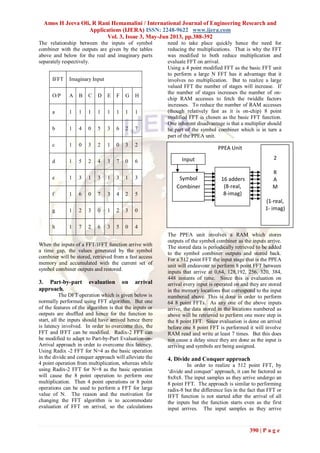Amos H Jeeva Oli, R Rani Hemamalini / International Journal of Engineering Research and
Applications (IJERA) ISSN: 2248-9622 www.ijera.com
Vol. 3, Issue 3, May-Jun 2013, pp.388-392
390 | P a g e
The relationship between the inputs of symbol
combiner with the outputs are given by the tables
above and below for the real and imaginary parts
separately respectively.
IFFT Imaginary Input
O/P A B C D E F G H
a 1 1 1 1 1 1 1 1
b 1 4 0 5 3 6 2 7
c 1 0 3 2 1 0 3 2
d 1 5 2 4 3 7 0 6
e 1 3 1 3 1 3 1 3
f 1 6 0 7 3 4 2 5
g 1 2 3 0 1 2 3 0
h 1 7 2 6 3 5 0 4
When the inputs of a FFT/IFFT function arrive with
a time gap, the values generated by the symbol
combiner will be stored, retrieved from a fast access
memory and accumulated with the current set of
symbol combiner outputs and restored.
3. Part-by-part evaluation on arrival
approach.
The DFT operation which is given below is
normally performed using FFT algorithm. But one
of the features of the algorithm is that the inputs or
outputs are shuffled and hence for the function to
start, all the inputs should have arrived hence there
is latency involved. In order to overcome this, the
FFT and IFFT can be modified. Radix-2 FFT can
be modified to adapt to Part-by-Part Evaluation-on-
Arrival approach in order to overcome this latency.
Using Radix -2 FFT for N=4 as the basic operation
in the divide and conquer approach will alleviate the
4 point operation from multiplication, whereas while
using Radix-2 FFT for N=8 as the basic operation
will cause the 8 point operation to perform one
multiplication. Then 4 point operations or 8 point
operations can be used to perform a FFT for large
value of N. The reason and the motivation for
changing the FFT algorithm is to accommodate
evaluation of FFT on arrival, so the calculations
need to take place quickly hence the need for
reducing the multiplications. That is why the FFT
was modified to both reduce multiplication and
evaluate FFT on arrival.
Using a 4 point modified FFT as the basic FFT unit
to perform a large N FFT has it advantage that it
involves no multiplication. But to realize a large
valued FFT the number of stages will increase. If
the number of stages increases the number of on-
chip RAM accesses to fetch the twiddle factors
increases. To reduce the number of RAM accesses
(though relatively fast as it is on-chip) 8 point
modified FFT is chosen as the basic FFT function.
One inherent disadvantage is that a multiplier should
be part of the symbol combiner which is in turn a
part of the PPEA unit.
The PPEA unit involves a RAM which stores
outputs of the symbol combiner as the inputs arrive.
The stored data is periodically retrieved to be added
to the symbol combiner outputs and stored back.
For a 512 point FFT the input stage that is the PPEA
unit will endeavour to perform 8 point FFT between
inputs that arrive at 0,64, 128,192, 256, 320, 384,
448 instants of time. Since this is evaluation on
arrival every input is operated on and they are stored
in the memory locations that correspond to the input
numbered above. This is done in order to perform
64 8 point FFTs. As any one of the above inputs
arrive, the data stored in the locations numbered as
above will be retrieved to perform one more step in
the 8 point FFT. Since evaluation is done on arrival
before one 8 point FFT is performed it will involve
RAM read and write at least 7 times. But this does
not cause a delay since they are done as the input is
arriving and symbols are being assigned.
4. Divide and Conquer approach
In order to realize a 512 point FFT, by
„divide and conquer‟ approach, it can be factored as
8x8x8. The input samples as they arrive undergo an
8 point FFT. The approach is similar to performing
radix-8 but the difference lies in the fact that FFT or
IFFT function is not started after the arrival of all
the inputs but the function starts even as the first
input arrives. The input samples as they arrive
PPEA Unit
Symbol
Combiner
16 adders
(8-real,
8-imag)
2
R
A
M
(1-real,
1- imag)
Input
 