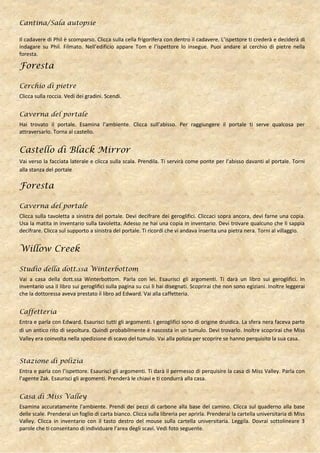 Cantina/Sala autopsie

Il cadavere di Phil è scomparso. Clicca sulla cella frigorifera con dentro il cadavere. L’ispettore ti crederà e deciderà di
indagare su Phil. Filmato. Nell’edificio appare Tom e l’ispettore lo insegue. Puoi andare al cerchio di pietre nella
foresta.

Foresta

Cerchio di pietre
Clicca sulla roccia. Vedi dei gradini. Scendi.


Caverna del portale
Hai trovato il portale. Esamina l’ambiente. Clicca sull’abisso. Per raggiungere il portale ti serve qualcosa per
attraversarlo. Torna al castello.


Castello di Black Mirror
Vai verso la facciata laterale e clicca sulla scala. Prendila. Ti servirà come ponte per l’abisso davanti al portale. Torni
alla stanza del portale

Foresta

Caverna del portale
Clicca sulla tavoletta a sinistra del portale. Devi decifrare dei geroglifici. Cliccaci sopra ancora, devi farne una copia.
Usa la matita in inventario sulla tavoletta. Adesso ne hai una copia in inventario. Devi trovare qualcuno che li sappia
decifrare. Clicca sul supporto a sinistra del portale. Ti ricordi che vi andava inserita una pietra nera. Torni al villaggio.


Willow Creek

Studio della dott.ssa Winterbottom
Vai a casa della dott.ssa Winterbottom. Parla con lei. Esaurisci gli argomenti. Ti darà un libro sui geroglifici. In
inventario usa il libro sui geroglifici sulla pagina su cui li hai disegnati. Scoprirai che non sono egiziani. Inoltre leggerai
che la dottoressa aveva prestato il libro ad Edward. Vai alla caffetteria.


Caffetteria
Entra e parla con Edward. Esaurisci tutti gli argomenti. I geroglifici sono di origine druidica. La sfera nera faceva parte
di un antico rito di sepoltura. Quindi probabilmente è nascosta in un tumulo. Devi trovarlo. Inoltre scoprirai che Miss
Valley era coinvolta nella spedizione di scavo del tumulo. Vai alla polizia per scoprire se hanno perquisito la sua casa.


Stazione di polizia
Entra e parla con l’ispettore. Esaurisci gli argomenti. Ti darà il permesso di perquisire la casa di Miss Valley. Parla con
l’agente Zak. Esaurisci gli argomenti. Prenderà le chiavi e ti condurrà alla casa.


Casa di Miss Valley
Esamina accuratamente l’ambiente. Prendi dei pezzi di carbone alla base del camino. Clicca sul quaderno alla base
delle scale. Prenderai un foglio di carta bianco. Clicca sulla libreria per aprirla. Prenderai la cartella universitaria di Miss
Valley. Clicca in inventario con il tasto destro del mouse sulla cartella universitaria. Leggila. Dovrai sottolineare 3
parole che ti consentano di individuare l’area degli scavi. Vedi foto seguente.
 